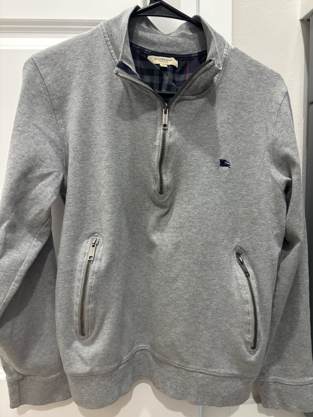 Burberry Light Gray Zip-Neck Pullover with Logo
